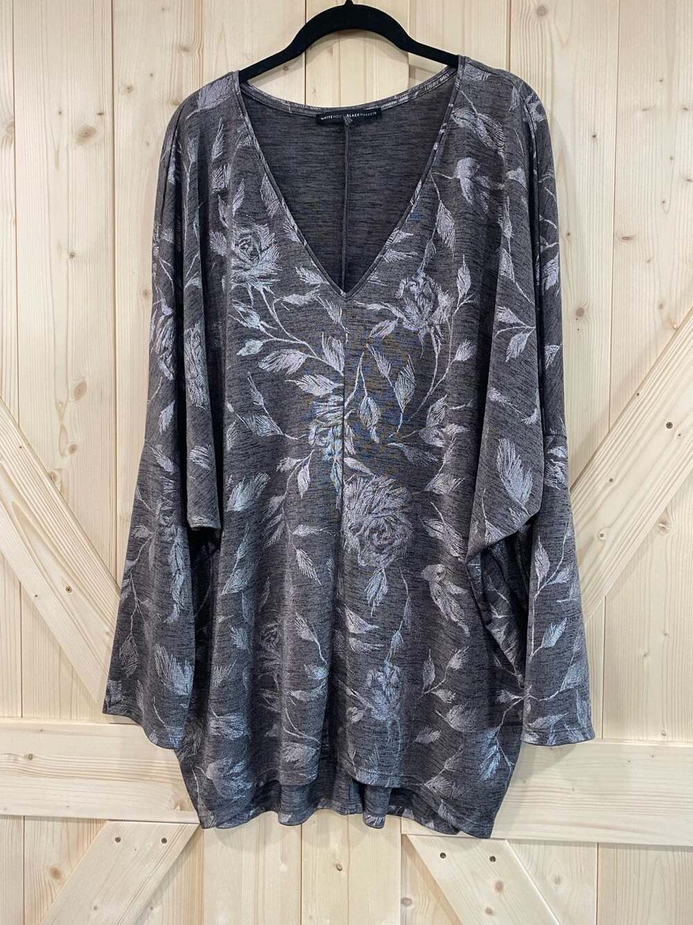 White House Black Market V-Neck Metallic Floral Tunic Top Silver Gray